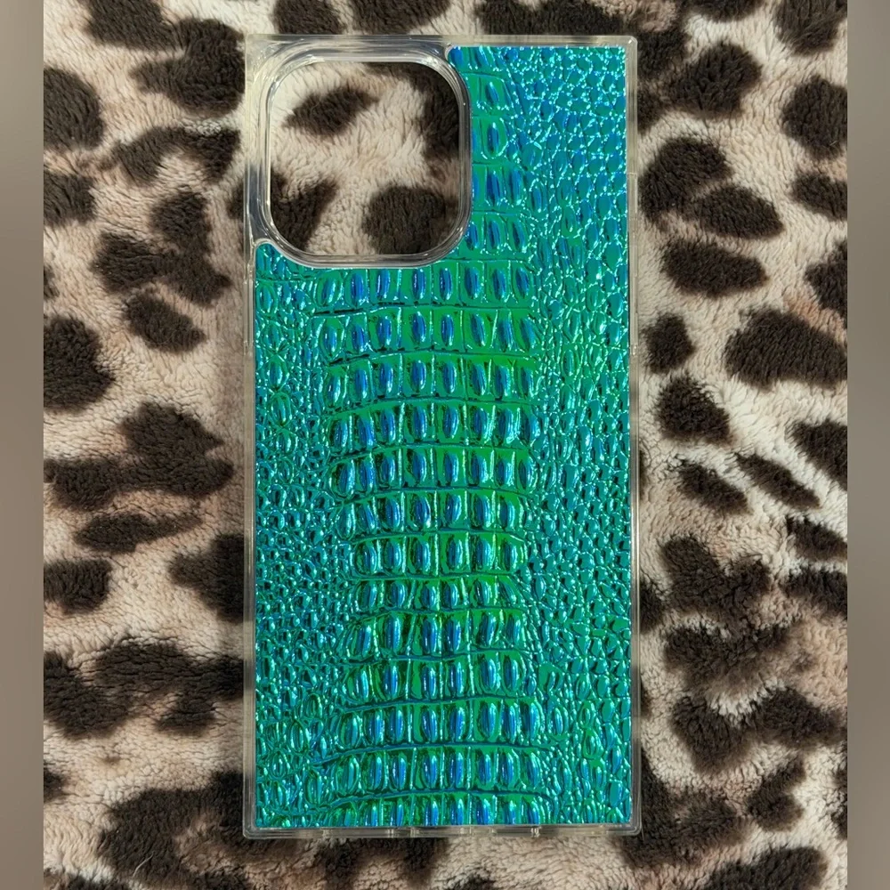 FLAUNT SQUARE® Green Iridescent Crocodile Faux Leather iPhone 14 Pro Max Case